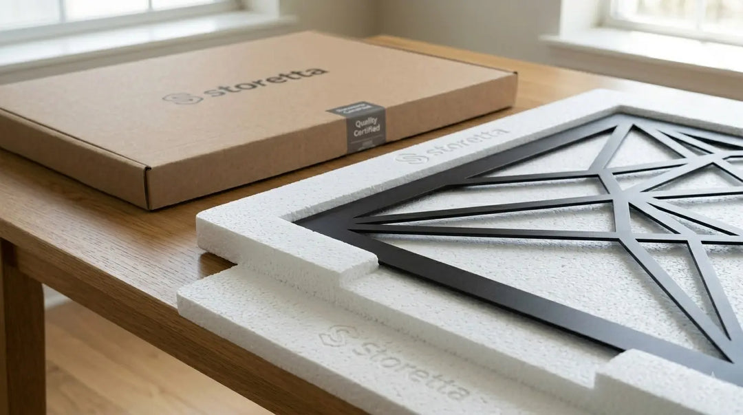 Interieurfoto van de premium unboxing ervaring van Storetta: 1,5mm dikke metalen wanddecoratie onthuld binnen ons unieke, schokabsorberende ArtSafe® verpakkingssysteem op een eikenhouten tafel. Conveying veiligheid, kwaliteit en vakmanschap.
