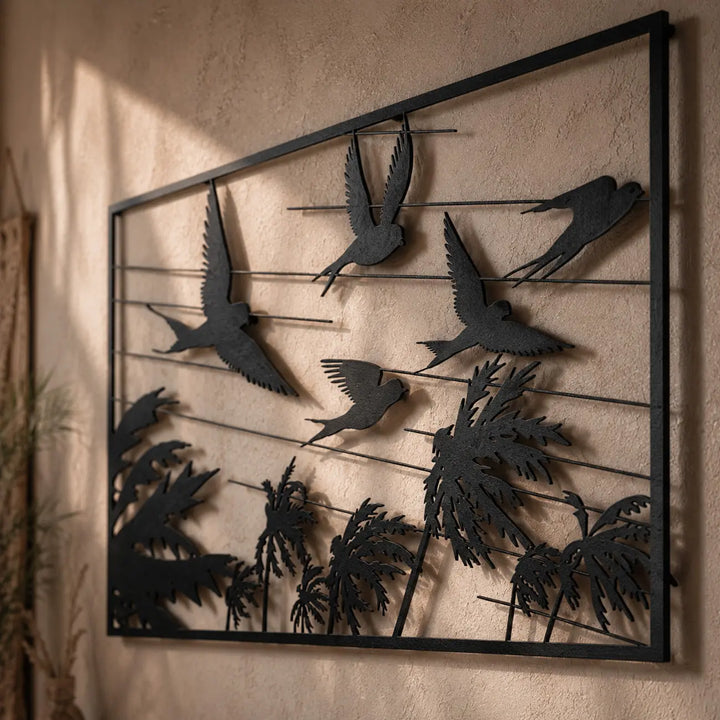 Close-up van het premium 1.5mm dikke staal van de tropische wandkunst. Close-up of the premium 1.5mm thick steel on the tropical wall art.