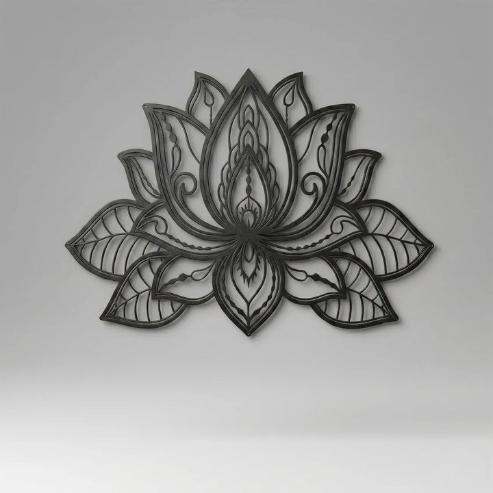 Zwarte 3D lotus bloem metalen wanddecoratie vooraanzicht met strakke lijnen.