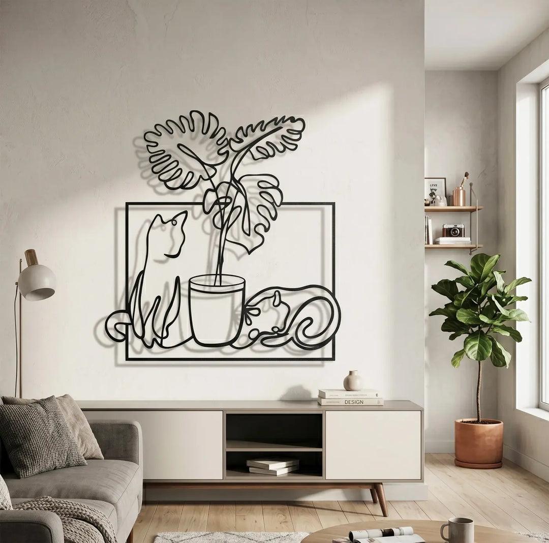 3D metaal schilderij schaduweffect katten silhouet monstera natuur wanddecoratie
