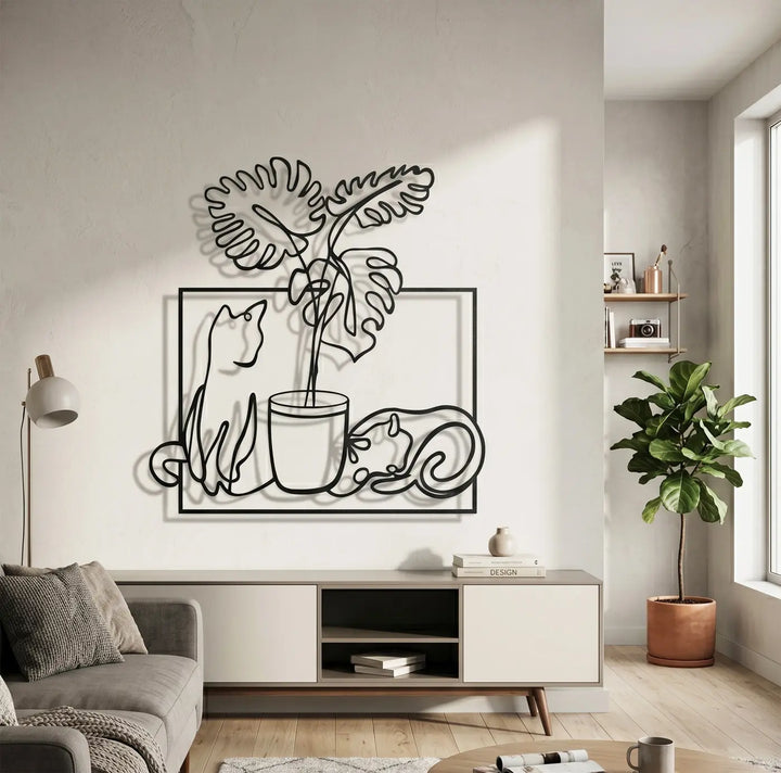 3D metaal schilderij schaduweffect katten silhouet monstera natuur wanddecoratie