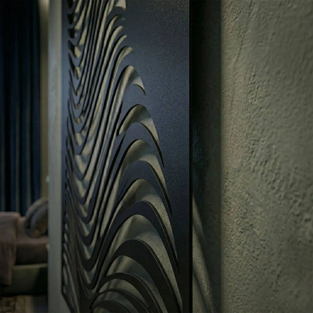 Detail van het indrukwekkende 2 cm 3D-schaduweffect op de abstracte wanddecoratie. Detail of the impressive 2 cm 3D shadow effect on the abstract wall decor.