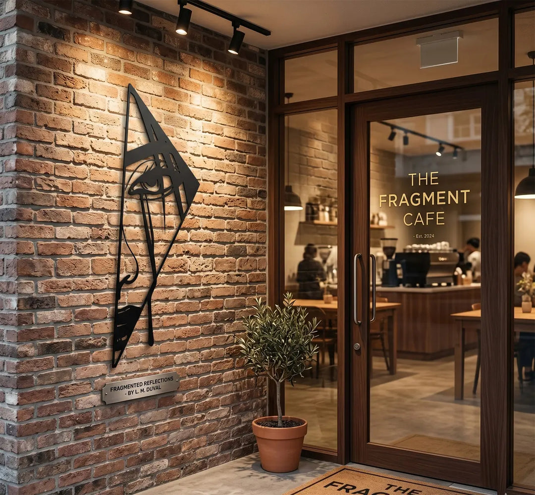 3D schaduweffect van het abstracte driehoek gezicht. The 2cm floating mount creates dynamic 3D shadows, bringing this vertical geometric portrait to life.