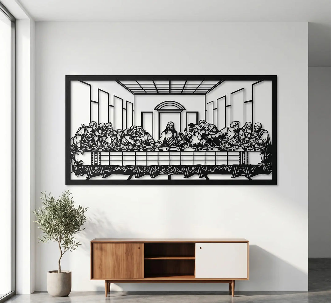 3D schaduweffect van Het Laatste Avondmaal kunstwerk. The 2cm floating mount creates profound 3D shadows, bringing this iconic religious silhouette to life.