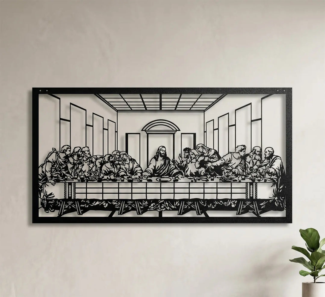 3D schaduweffect van Het Laatste Avondmaal kunstwerk. The 2cm floating mount creates profound 3D shadows, bringing this iconic religious silhouette to life.