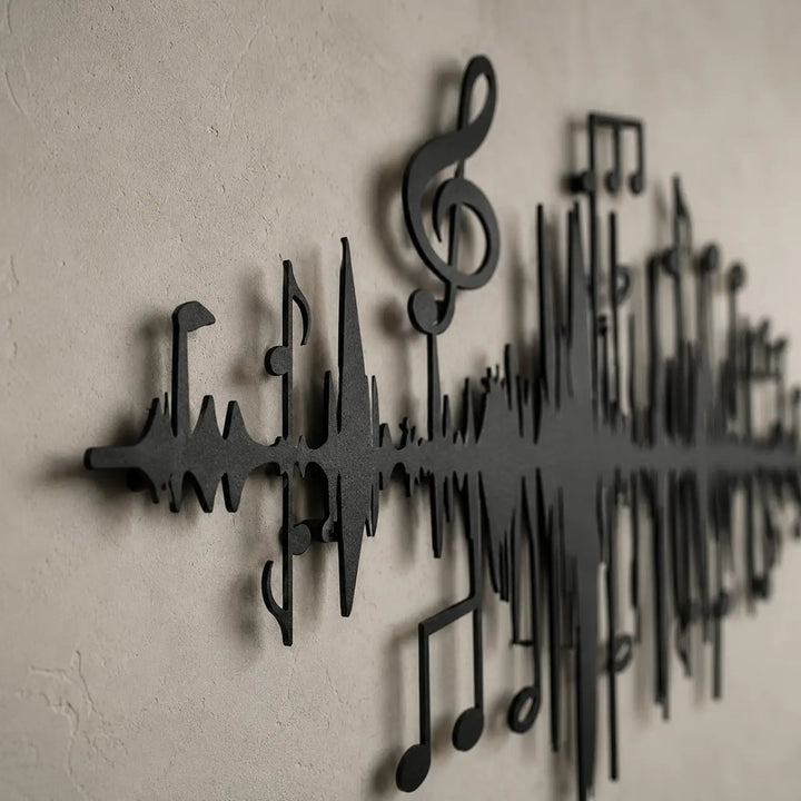 Detailopname van de Rhythm Wave metalen muurkunst, die het dynamische 3D-schaduweffect van de geluidsgolven op de muur toont.