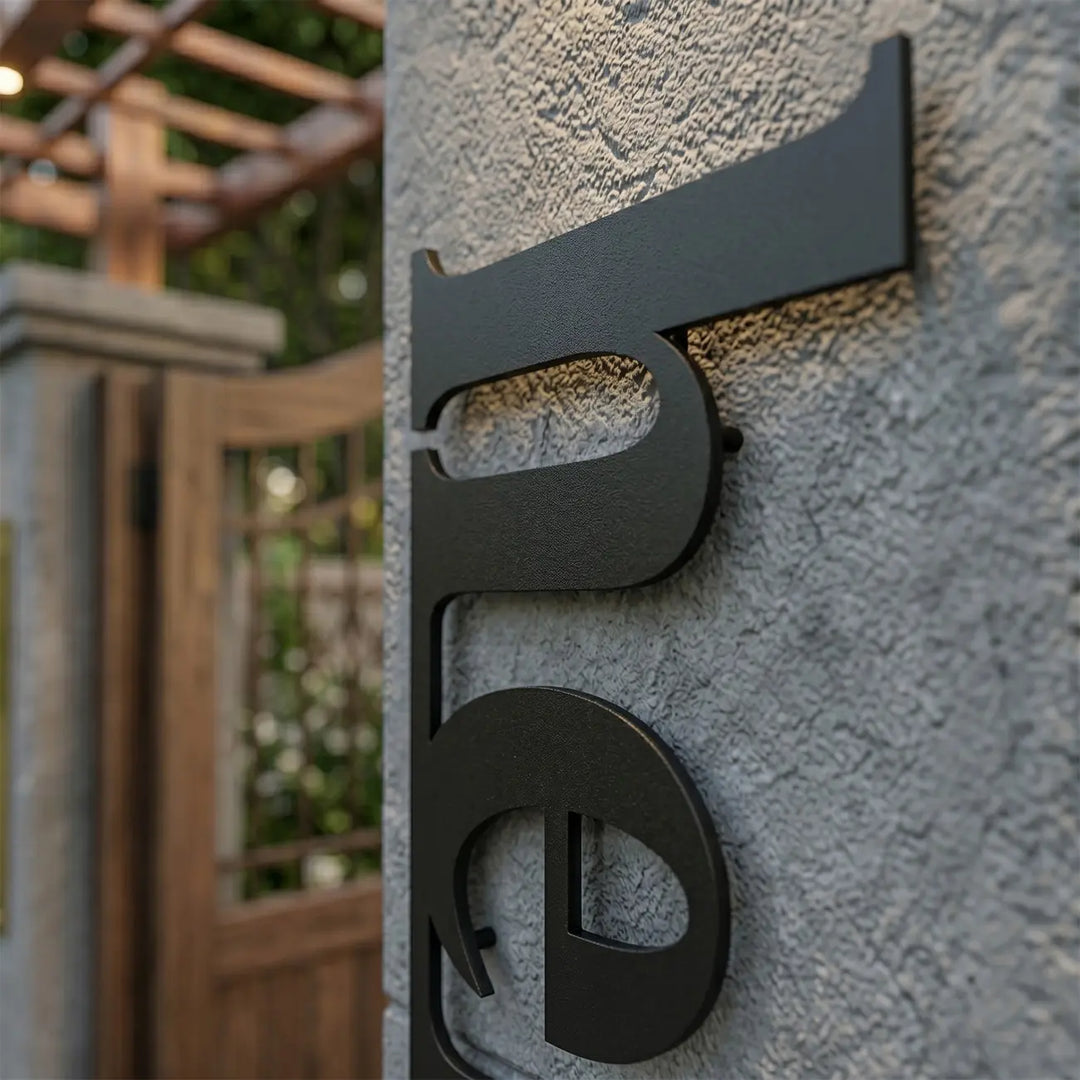 Detailopname van de verticale metalen 'hello' wanddecoratie. De strakke uitsnede en afstandhouders creëren een prachtig zwevend 3D-schaduweffect op een smalle muur.