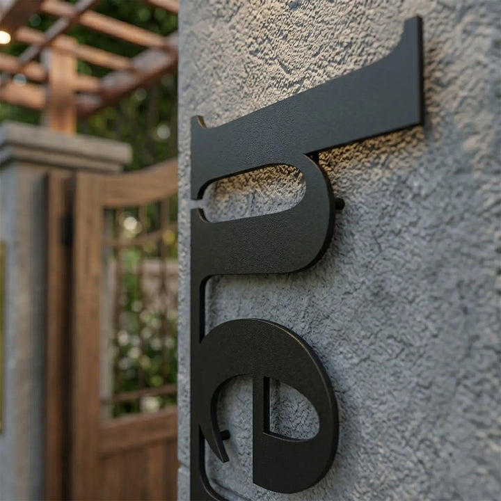 Detailopname van de verticale metalen 'hello' wanddecoratie. De strakke uitsnede en afstandhouders creëren een prachtig zwevend 3D-schaduweffect op een smalle muur.