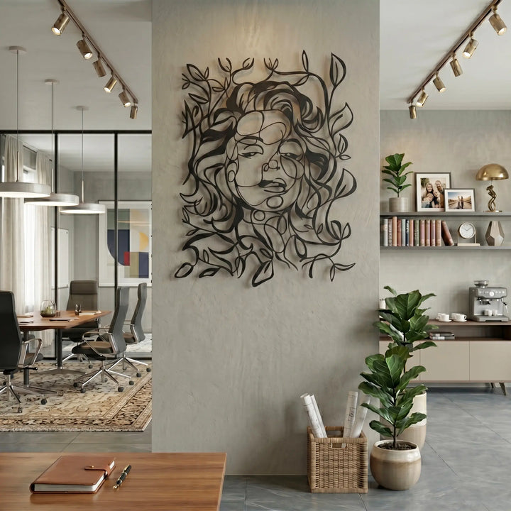 3D schaduweffect van de botanische metalen wanddecoratie. The 2cm floating mount creates dynamic 3D shadows for a neuro-aesthetic visual experience.