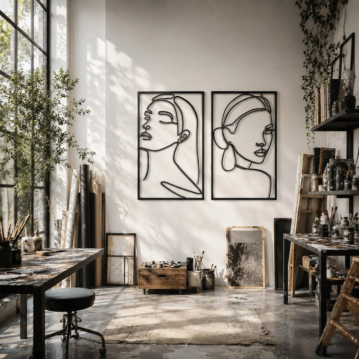 line-art-wanddecoratie-kunststudio-atelier.webp	Inspirerende set van 2 abstracte vrouwen wanddecoratie in een creatieve kunststudio of atelier. Inspiring set of 2 abstract women wall decor in a creative art studio or atelier.