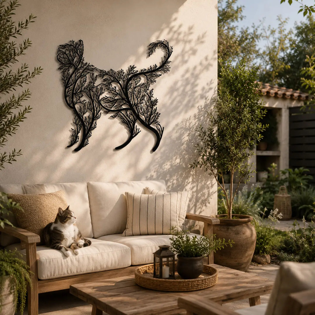 Kattensilhouet met Boomtakken | Metaal Wandschilderij