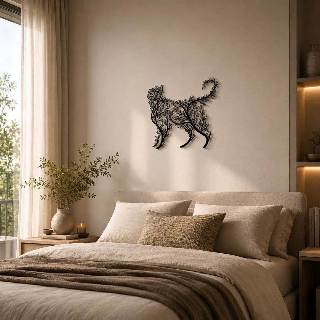 Kattensilhouet met Boomtakken | Metaal Wandschilderij