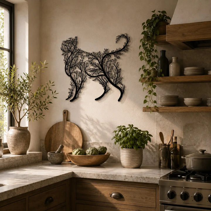 Kattensilhouet met Boomtakken | Metaal Wandschilderij