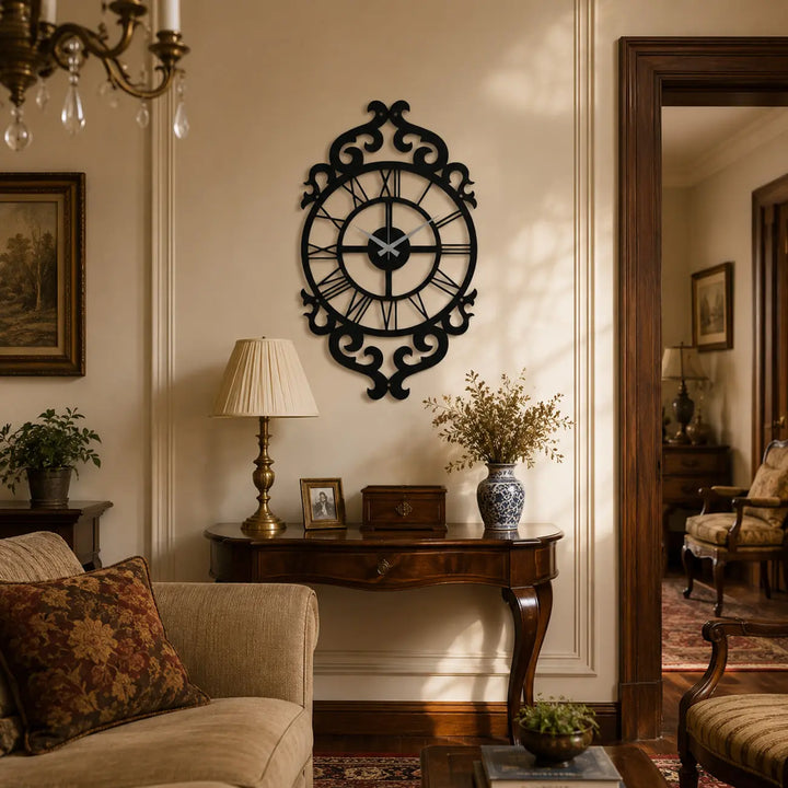 Metalen Wandklok "Royal Baroque" | Klassiek Zwart Ornament