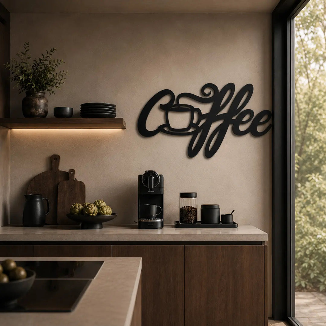 Coffee Tekst met Kopje | Metalen Wanddecoratie