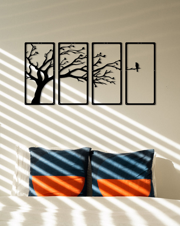 Set van 4: De Levensboom met Vogel | Metalen Wanddecoratie