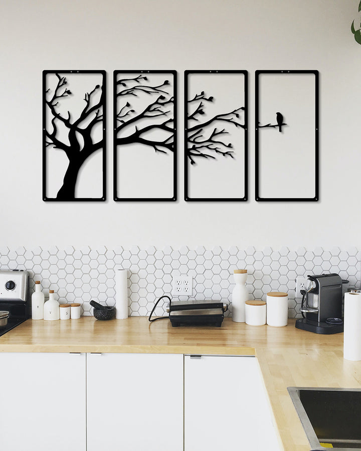 Set van 4: De Levensboom met Vogel | Metalen Wanddecoratie
