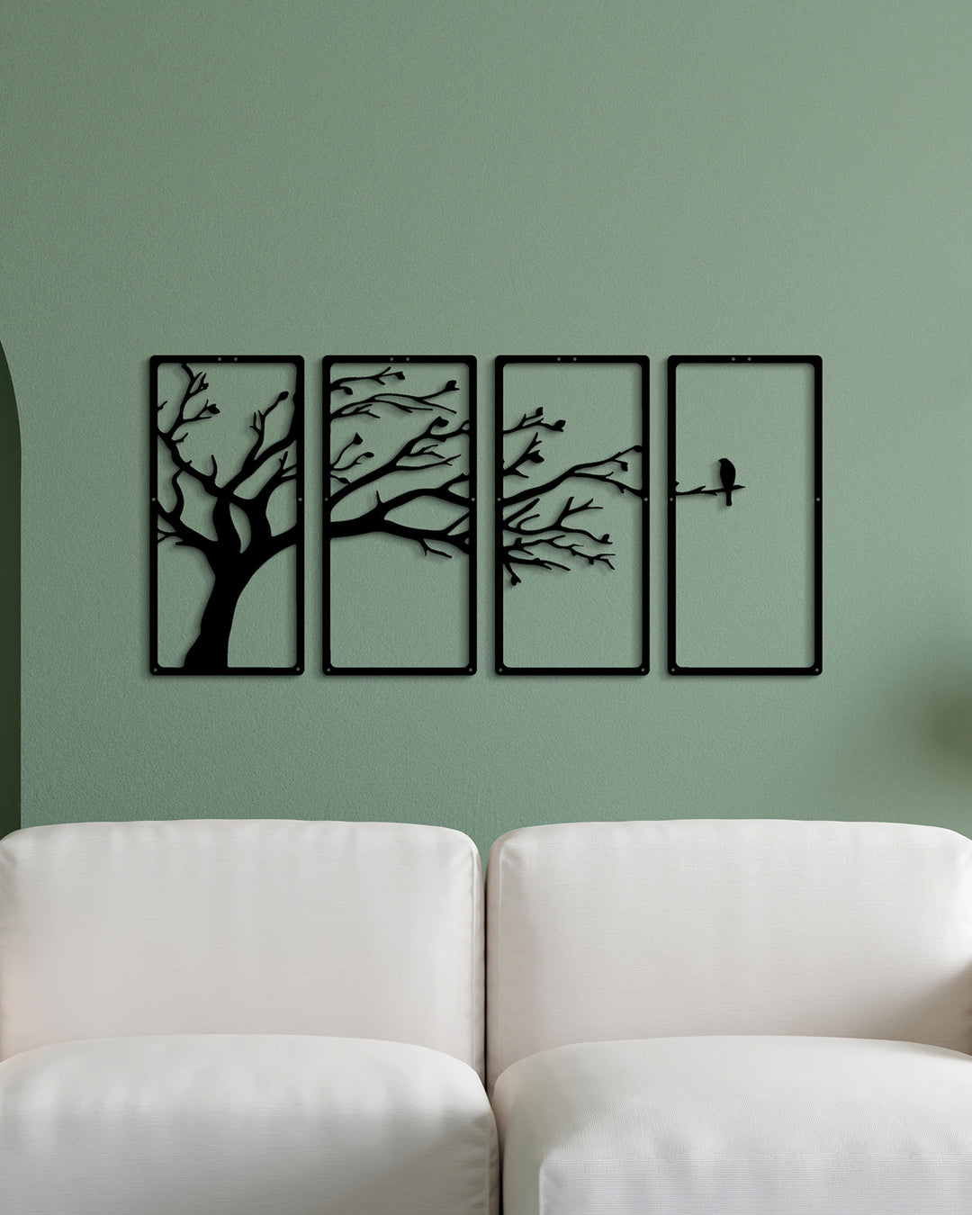 Set van 4: De Levensboom met Vogel | Metalen Wanddecoratie