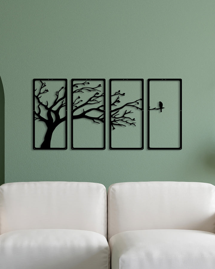 Set van 4: De Levensboom met Vogel | Metalen Wanddecoratie