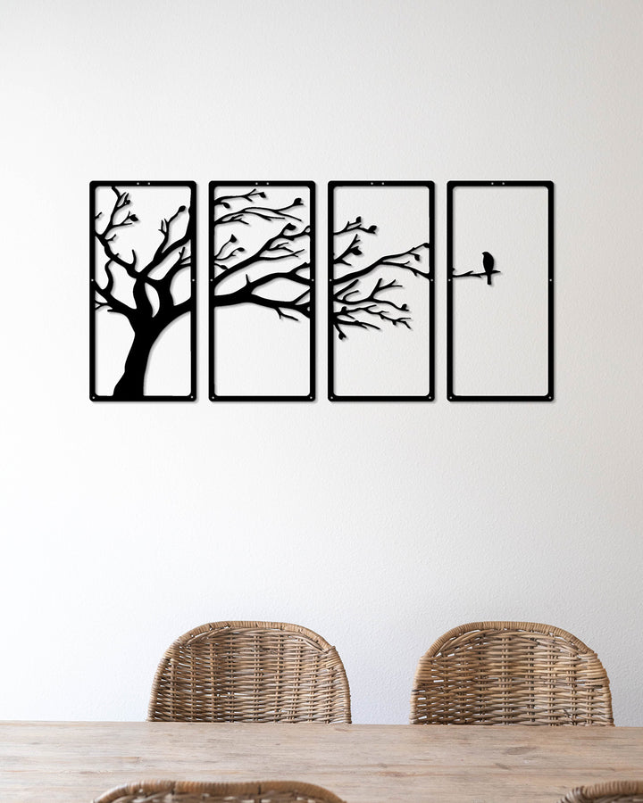 Set van 4: De Levensboom met Vogel | Metalen Wanddecoratie