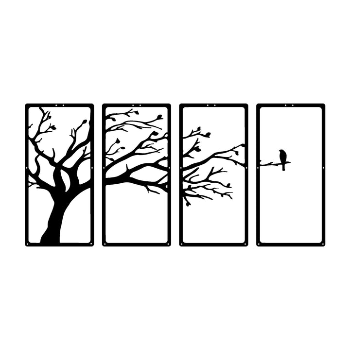Set van 4: De Levensboom met Vogel | Metalen Wanddecoratie