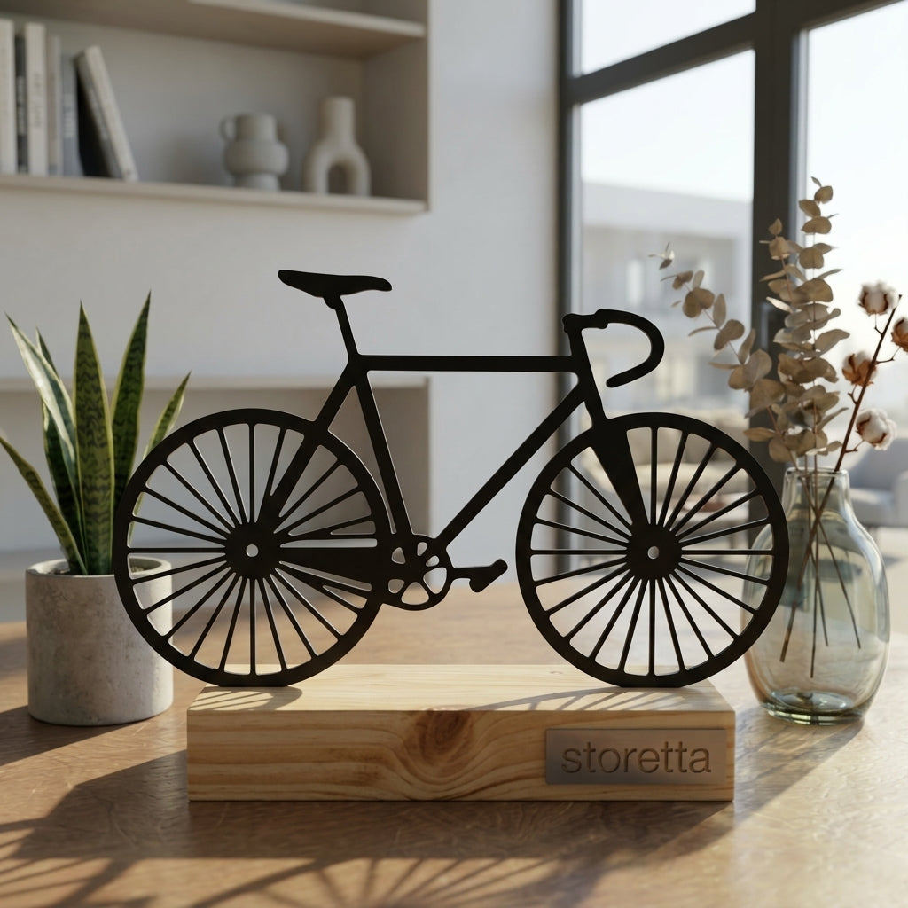 De Fiets – Minimalistisch Metalen Sculptuur op Houten Voet