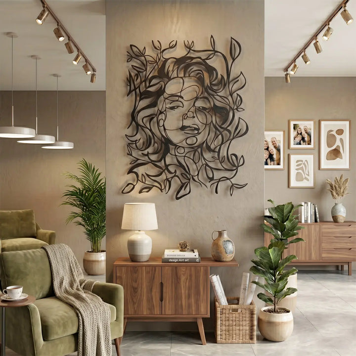 Abstract Gezicht met Bladeren metalen wanddecoratie. Premium botanical metal wall art crafted from 1.5mm DKP steel, bringing silent luxury to your space.