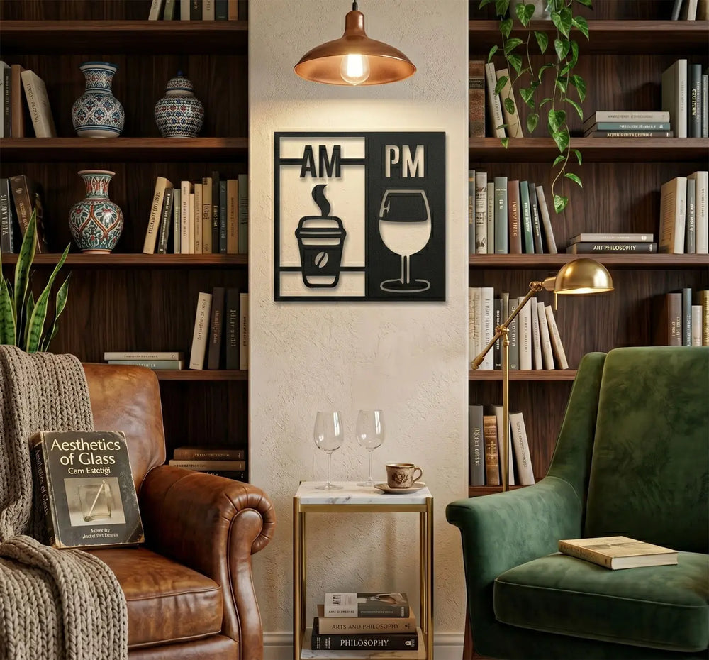 Gezellige metalen wanddecoratie 'AM PM' voor een sfeervolle woonkamer. Cozy 'AM PM' metal wall decor for an inviting living room.