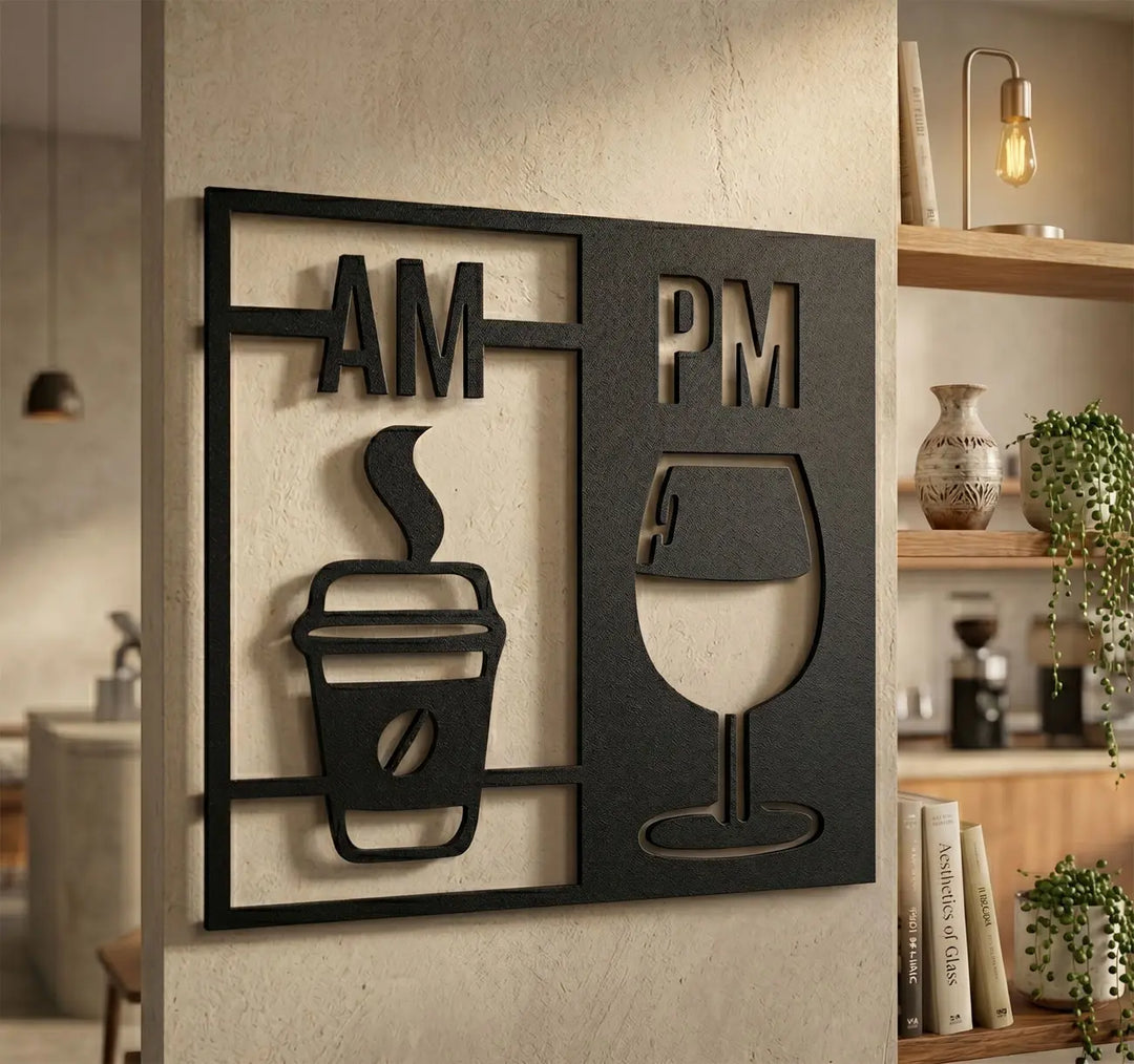 Gezellige metalen wanddecoratie 'AM PM' voor een sfeervolle woonkamer. Cozy 'AM PM' metal wall decor for an inviting living room.