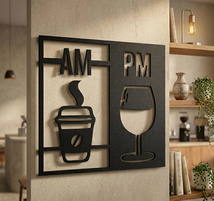 Gezellige metalen wanddecoratie 'AM PM' voor een sfeervolle woonkamer. Cozy 'AM PM' metal wall decor for an inviting living room.