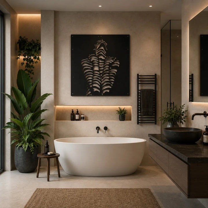 Geef je badkamer een luxe, artistieke upgrade met de waterbestendige, metalen 'Shadow Woman' wanddecoratie. Voor het ultieme spa-gevoel thuis.