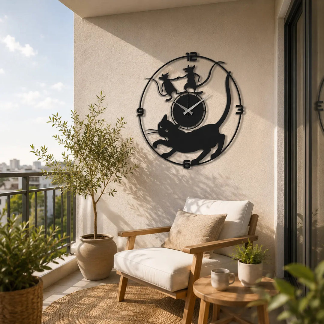 Zwarte metalen kat en muizen wandklok als speelse decoratie op een gezellig balkon of in de tuinkamer. Geniet van de tijd in stijl.