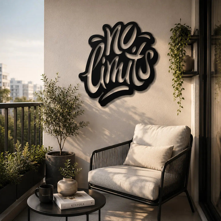 Zwarte 'No Limits' metalen muurdecoratie hangend aan de muur van een sfeervol ingericht balkon met een lounge set.