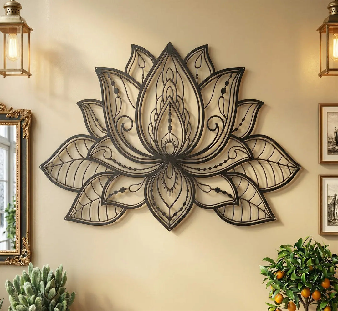 Achterkant van de lotus wanddecoratie die het verborgen ophangsysteem voor het zwevende effect toont.