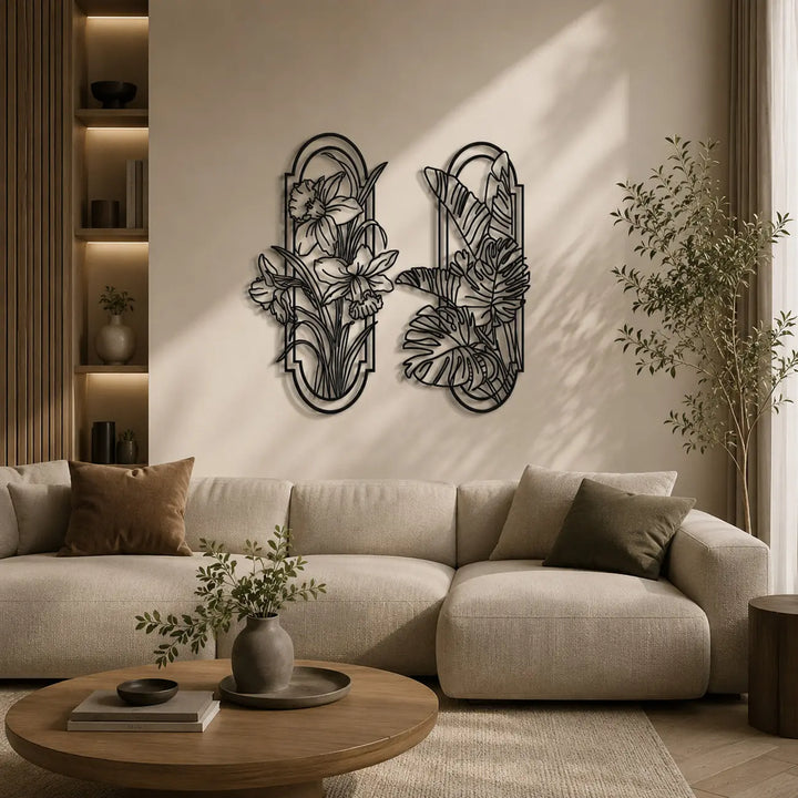 Set van 2 botanische panelen van zwart metaal. Breng de natuur naar binnen met deze tropische narcissen wanddecoratie voor boven de bank in de woonkamer.
