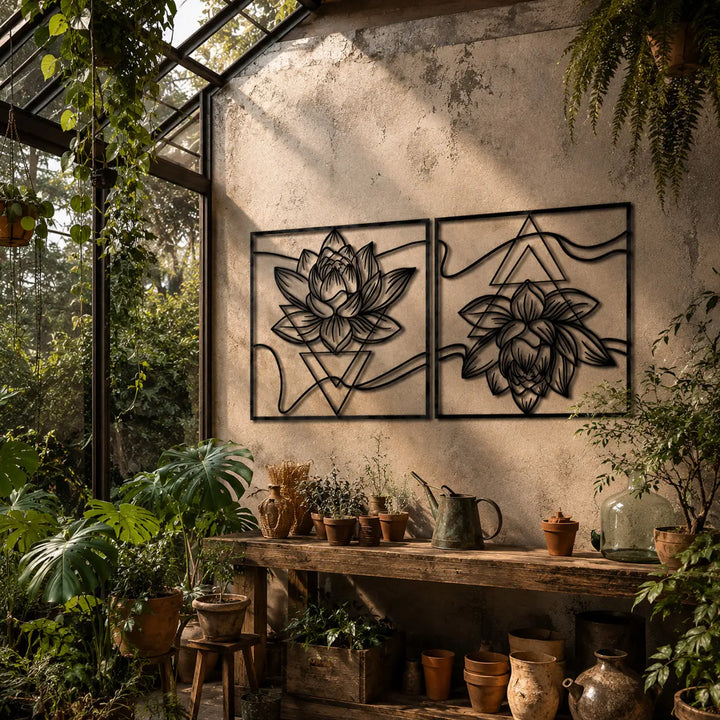 Set van 2 zwarte metalen geometrische lotusbloemen. Breng rust en moderne elegantie naar uw botanische ruimte, stadstuin of home jungle vol planten.