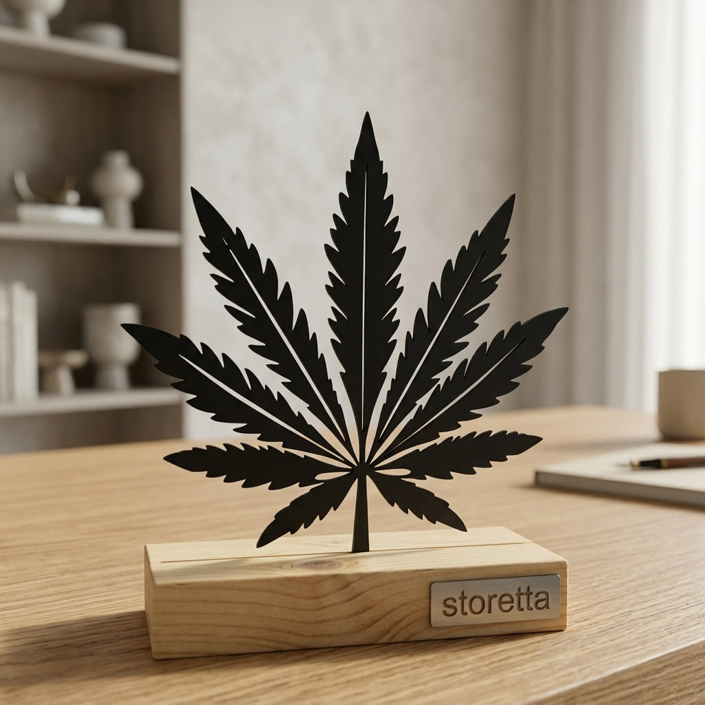 Botanisch cannabis beeldje op sokkel, een modern statement piece voor kantoor of dressoir.