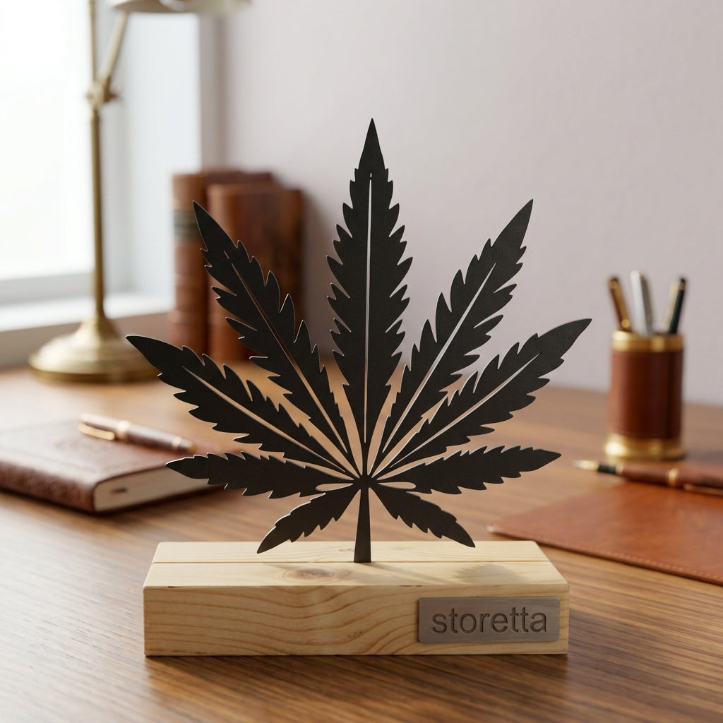 Het Cannabisblad - Zwart metalen ornament op massief houten voet als eigentijdse bureaudecoratie.