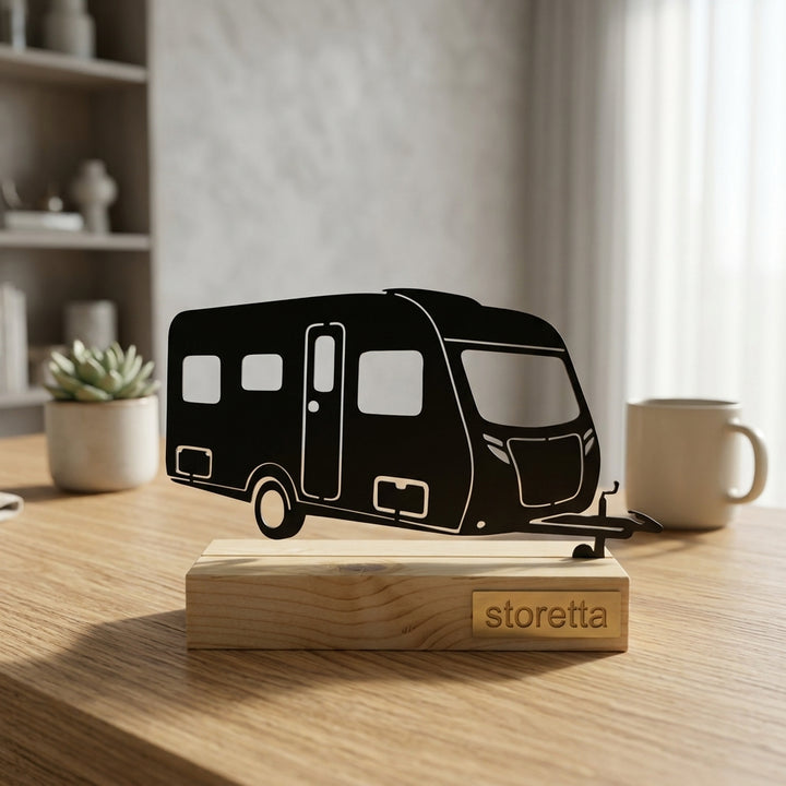 Caravan beeldje op sokkel met gedetailleerde dissel en ramen voor bureau, dressoir of vensterbank