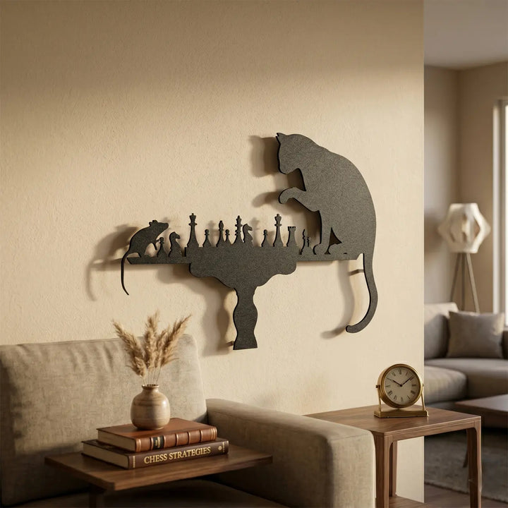Moderne woonkamer decoratie met de Chess Rivals kat en muis schaak wanddecoratie. Perfect boven de boekenkast of schaakhoek voor een strategisch tintje.