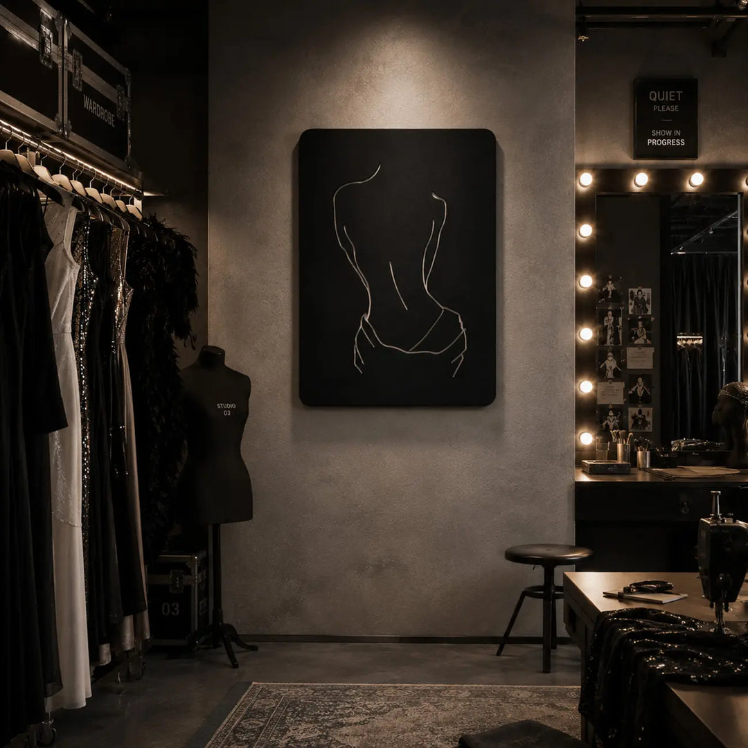 Chique metalen wandkunst van een vrouwenrug, ideaal als inspirerende decoratie voor een kleedkamer, inloopkast of kaptafel.