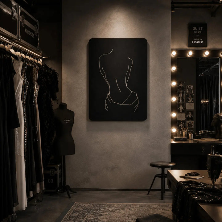 Chique metalen wandkunst van een vrouwenrug, ideaal als inspirerende decoratie voor een kleedkamer, inloopkast of kaptafel.