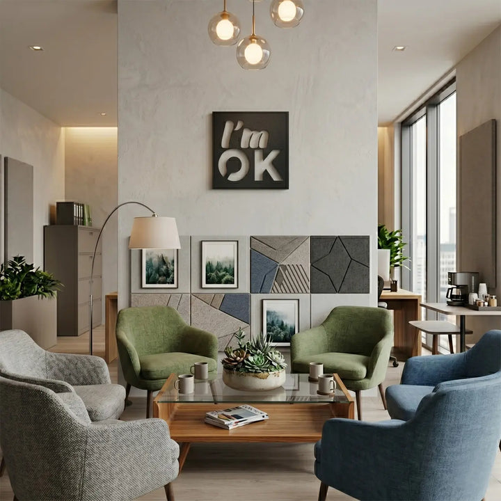 Stoere zwarte 'I'm OK' metalen wanddecoratie in een moderne kantoorruimte of wachtruimte. Creëert direct een ontspannen, open en positieve sfeer.