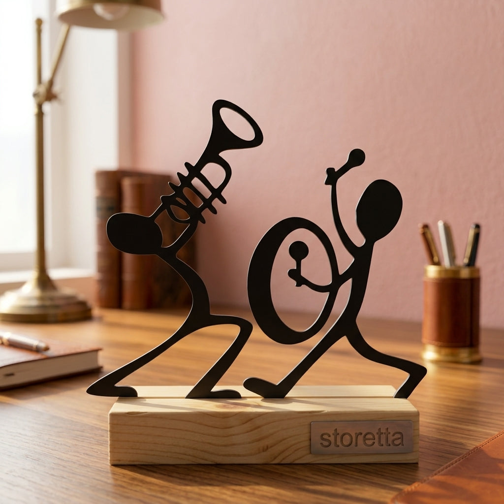 De Muzikanten jazz duo - Zwart metalen ornament op massief houten voet als energieke bureaudecoratie.