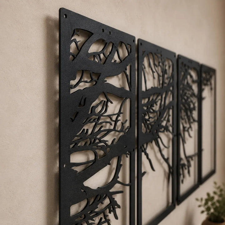 ekijk de premium kwaliteit van onze metalen wanddecoraties. De winterse takken set is krasvast, matzwart afgewerkt en heeft een prachtig 3D-schaduweffect op de muur.