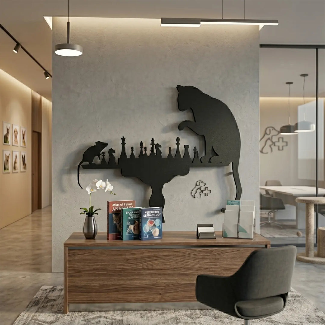 Decoratieve zwarte metalen schaakdecoratie met een kat en muis in een dierenartspraktijk veya wachtruimte. Een geruststellende en speelse twist voor dierenliefhebbers.