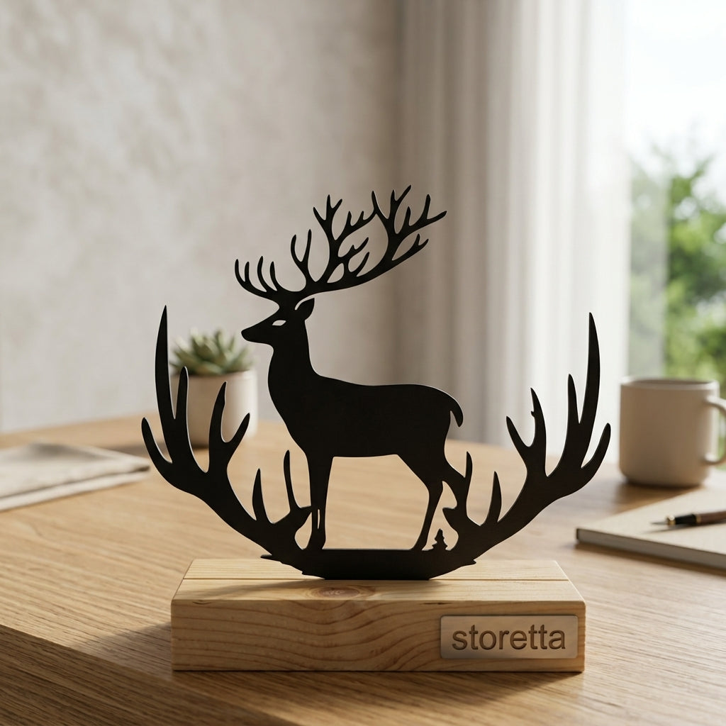 Edelhert beeldje op sokkel met wijdvertakt gewei voor op het bureau, dressoir of in de vensterbank.