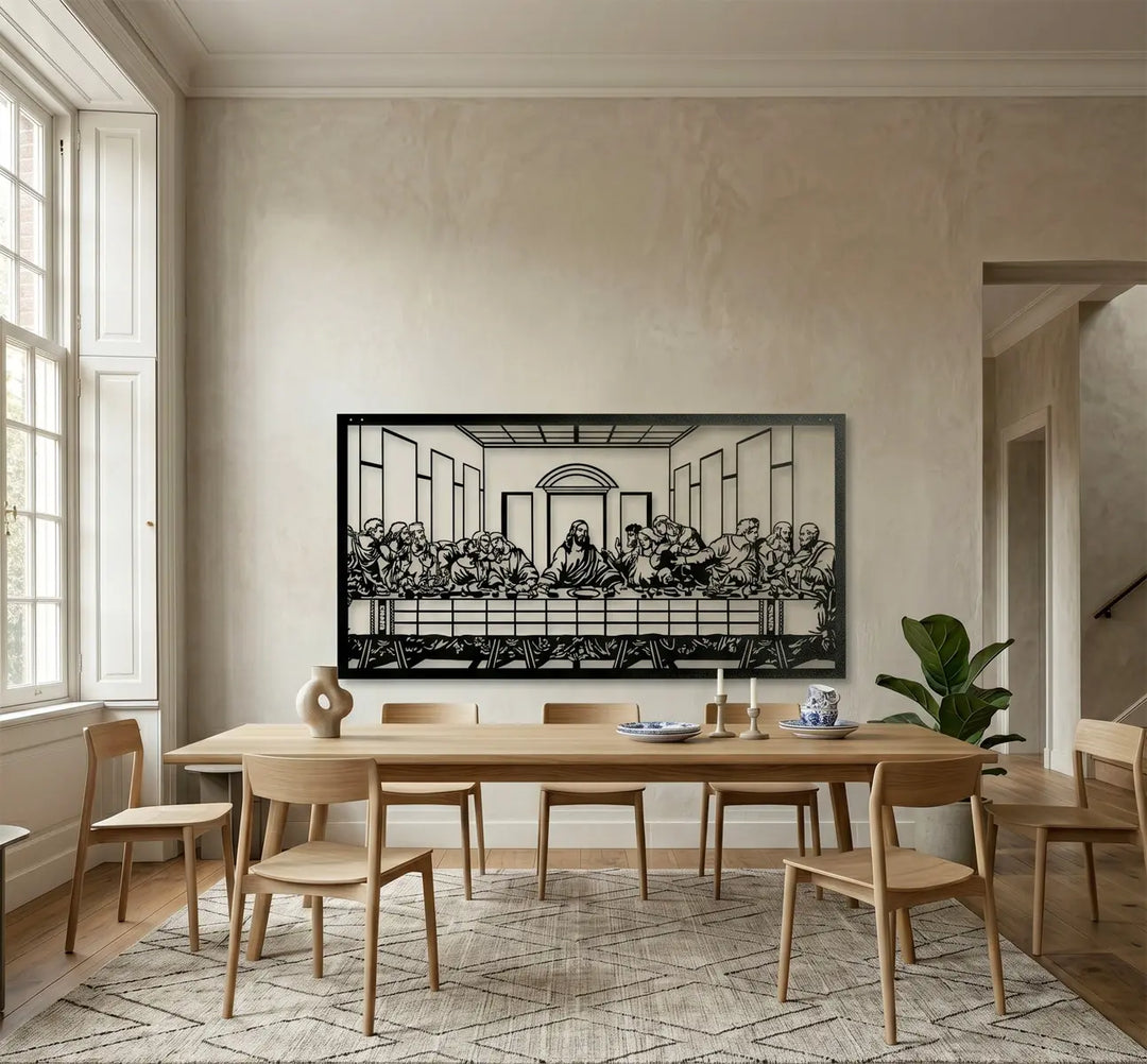 Prachtige christelijke wanddecoratie voor de eetkamer. Elegant Last Supper metal wall art serving as a meaningful focal point for your dining room interior.