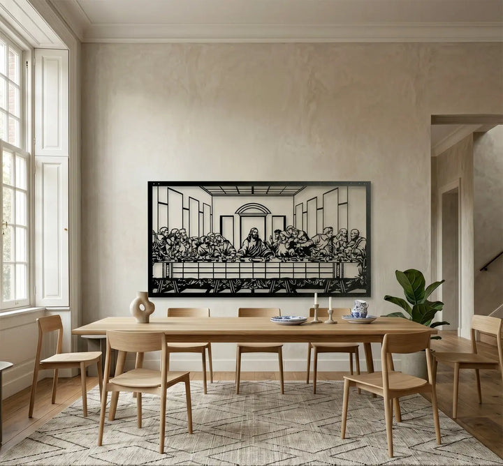 Prachtige christelijke wanddecoratie voor de eetkamer. Elegant Last Supper metal wall art serving as a meaningful focal point for your dining room interior.