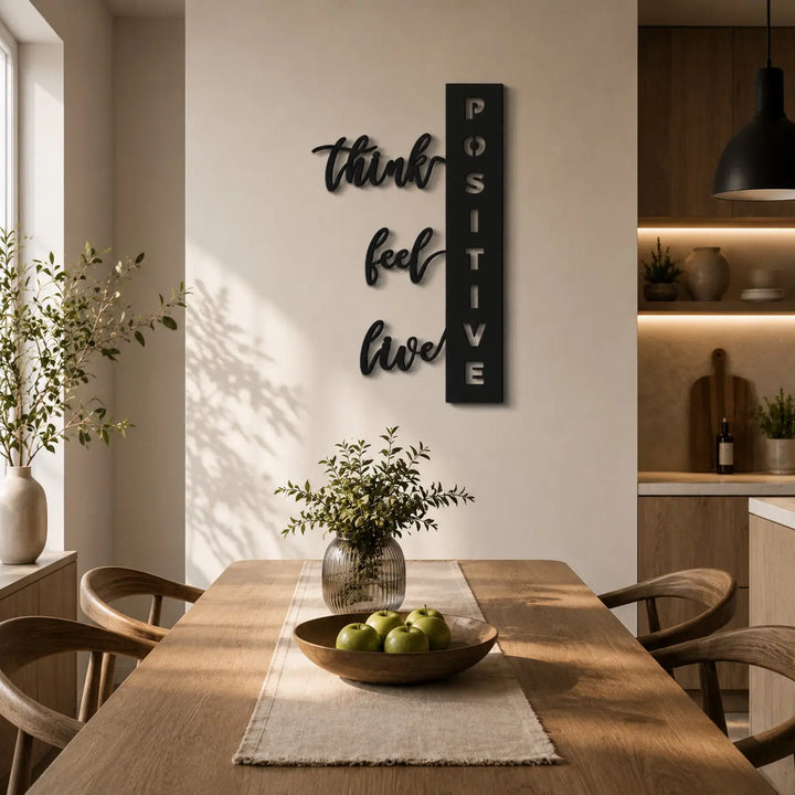 Zorg voor een inspirerende en warme sfeer aan de eettafel. Deze verticale metalen spreuk herinnert je dagelijks aan een positieve mindset.